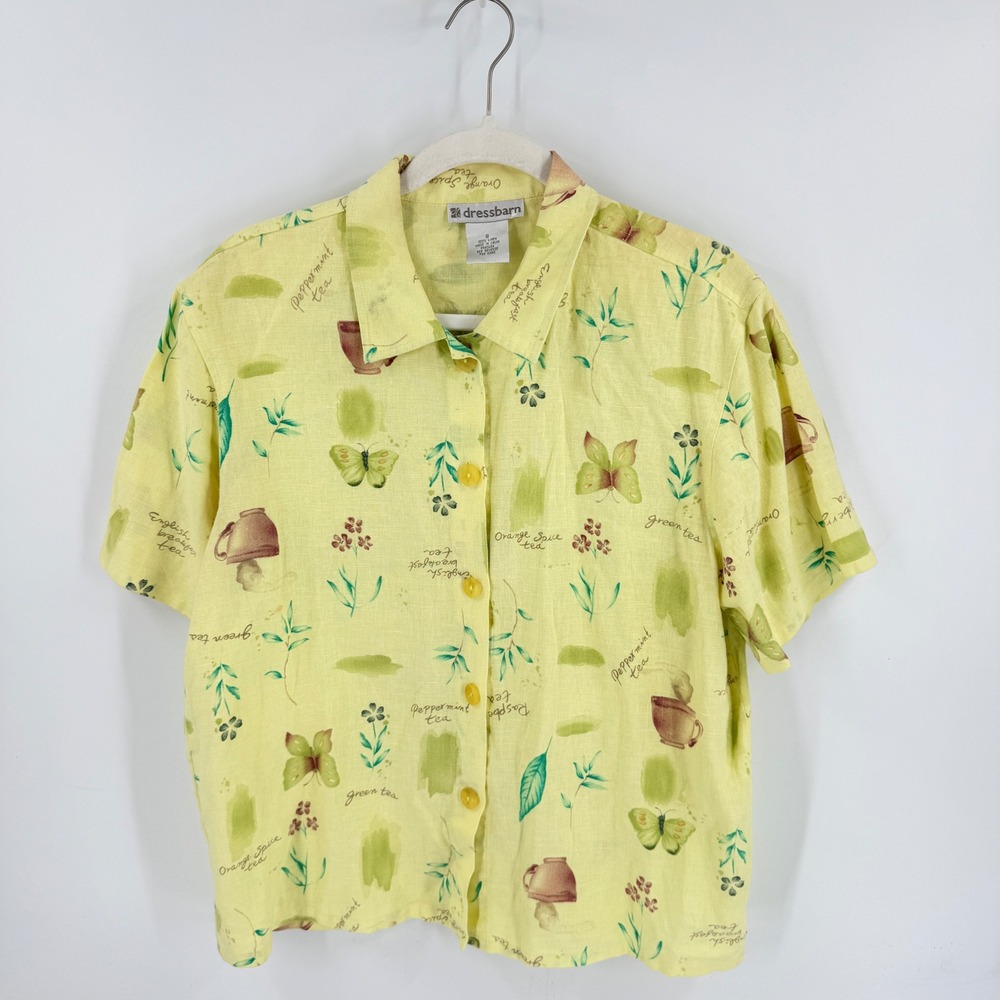 Vintage Dressbarn Linen Yellow Tea Print Botanical Top Small Cottagecore Coastal